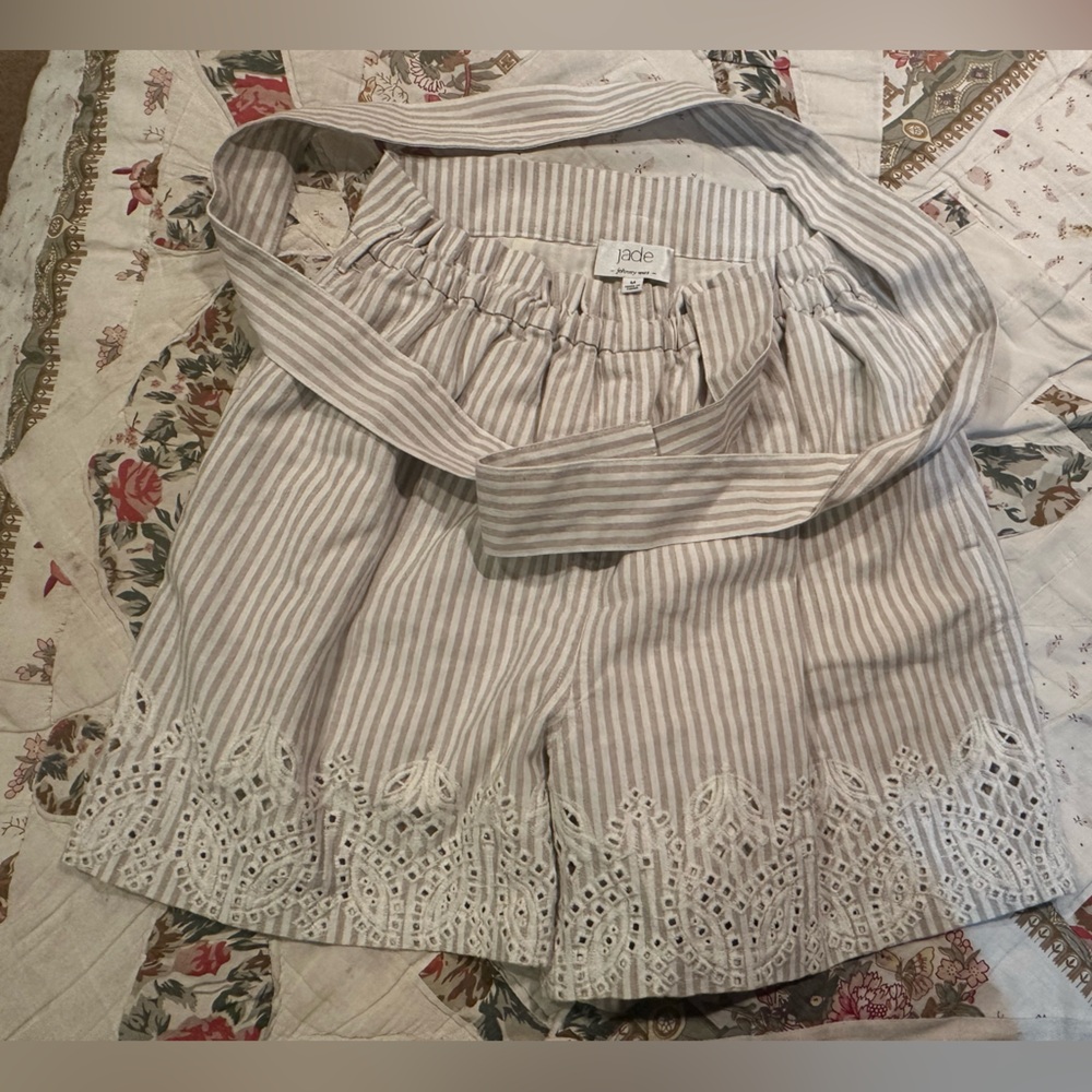 Johnny Was cream and taupe Striped High Waist Shorts